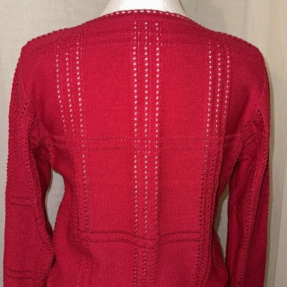 ILGWU S Cerise Pink Boatneck Reverse Knit Eyelet Pullover Sweater Crochet Trim - Picture 4 of 11